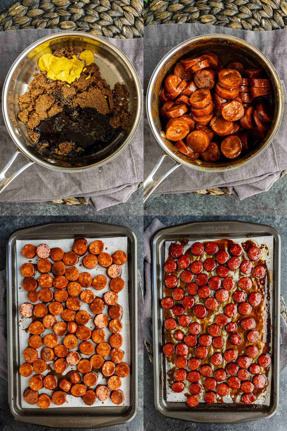 Four images show steps of a kielbasa appetizer recipe: sausage slices in brown sugar sauce in a pot, spread on a baking sheet, and finally cooked BBQ kielbasa bites evenly spaced on the tray.