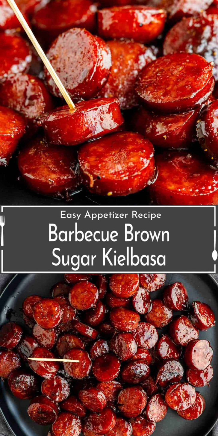 Sliced kielbasa sausage coated in barbecue brown sugar glaze, shown close-up on a plate and arranged in a skillet. Text overlay reads "Barbecue Brown Sugar Kielbasa.