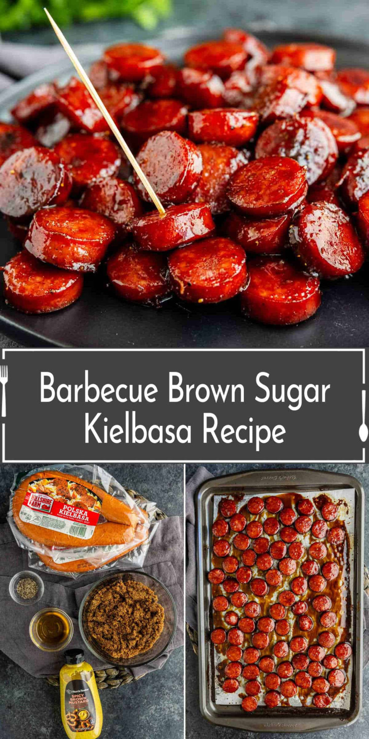 Barbecue brown sugar kielbasa sausage slices, glazed and served on a plate, with recipe ingredients and a baking sheet shown in separate images.