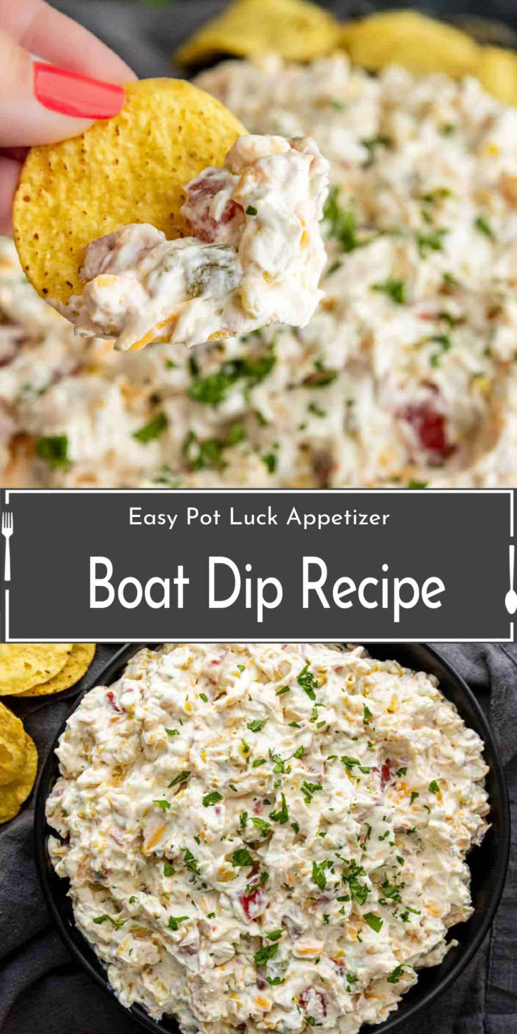 A hand dips a tortilla chip into a creamy dip garnished with herbs; a bowl of the same dip is shown below with text reading "Boat Dip Recipe.