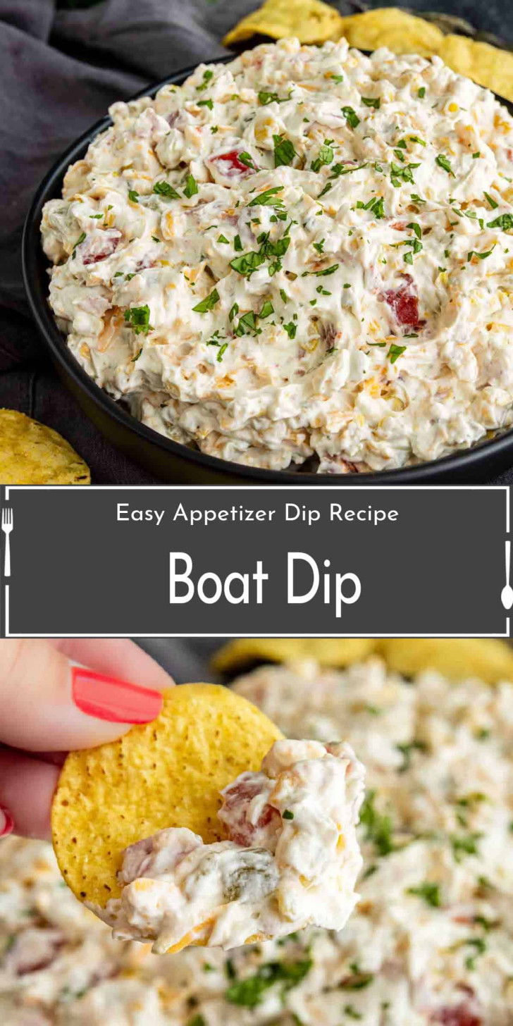 A bowl of creamy boat dip garnished with herbs, with a hand dipping a tortilla chip into the mixture. Text overlay reads "Easy Appetizer Dip Recipe Boat Dip.