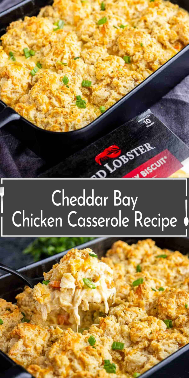 A baked cheddar bay chicken casserole topped with golden biscuits, garnished with chopped green onions, and served in a black baking dish.