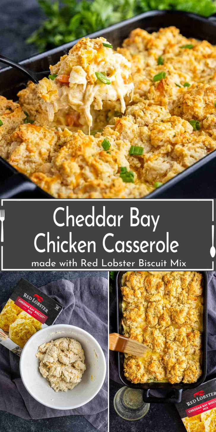 Cheddar Bay Chicken Casserole in a baking dish, topped with golden biscuit pieces, with a serving spoon and ingredients shown, including Red Lobster Biscuit Mix.
