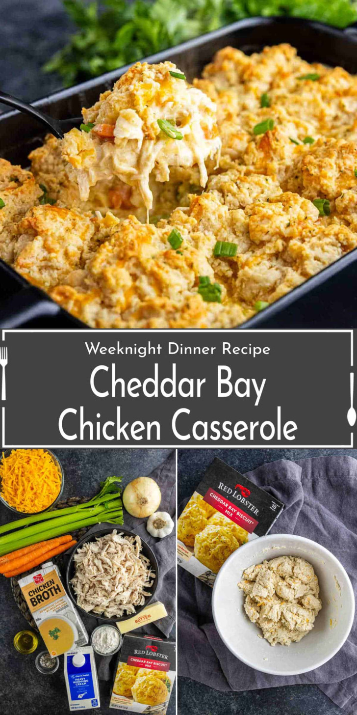 Cheddar Bay Chicken Casserole in a baking dish, a serving on a plate, and ingredients including chicken, cheese, broth, and Red Lobster biscuit mix displayed on a table.