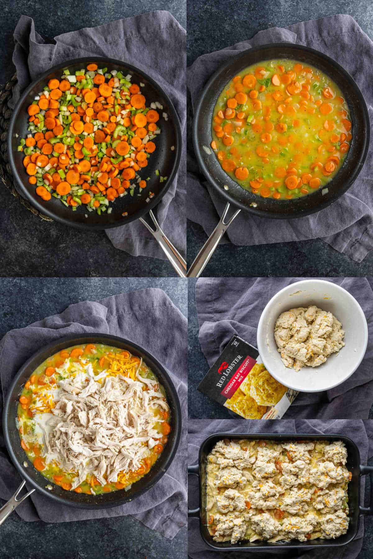 A step-by-step process of making a chicken biscuit casserole: sautéed vegetables, broth added, shredded chicken and cream mixed in, biscuit dough prepared, then placed in a baking dish for a classic Cheddar Bay Biscuit Chicken Casserole.