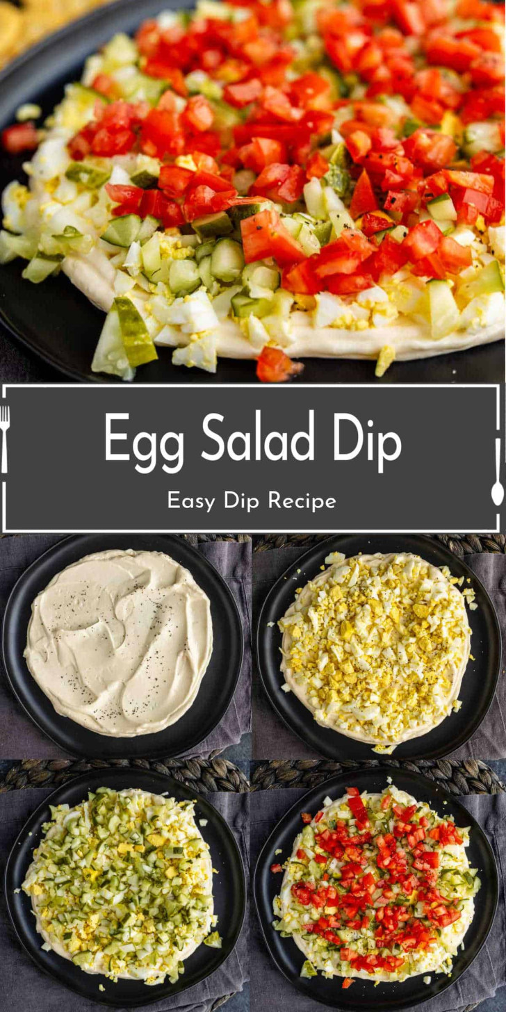 A plate of egg salad dip topped with chopped eggs, pickles, and tomatoes, shown in four preparation steps with text overlay reading "Egg Salad Dip Easy Dip Recipe.