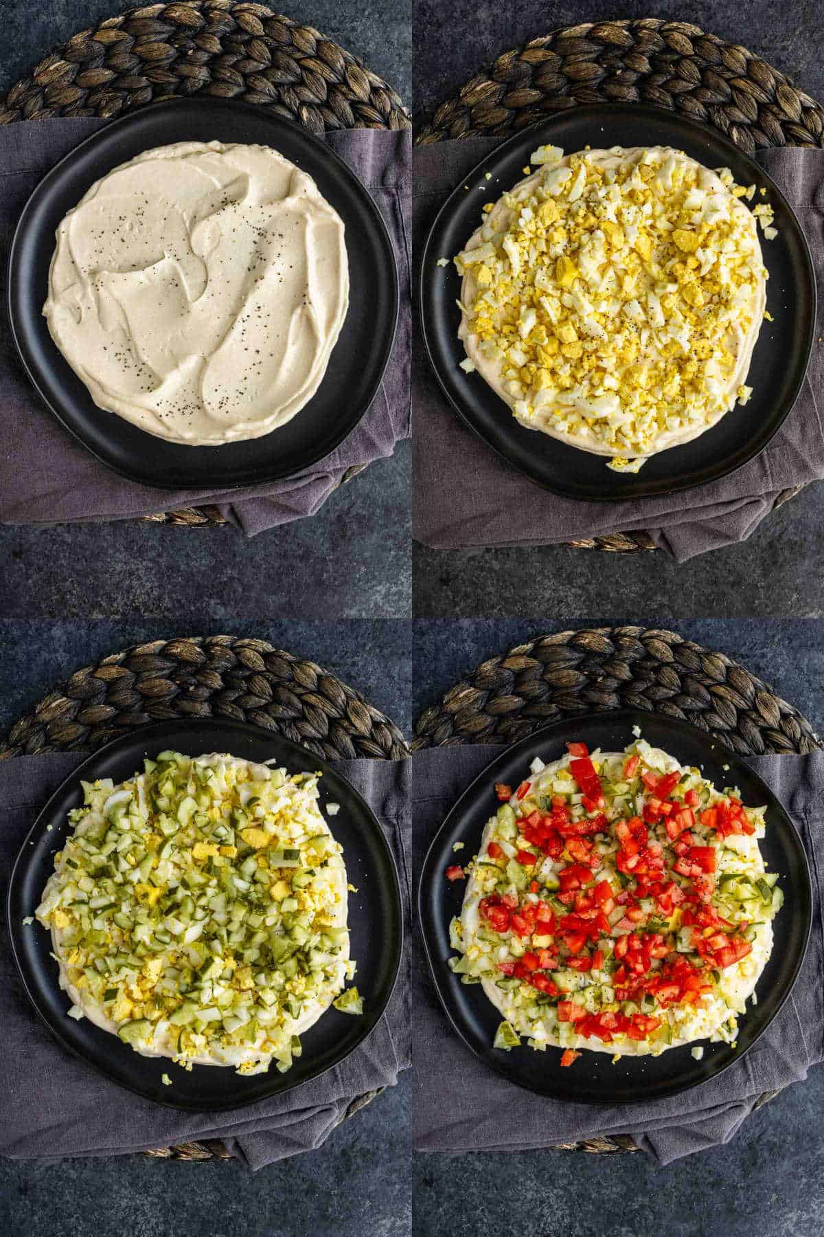 Four overhead images show the step-by-step layering of a TikTok egg salad dip: hummus, chopped eggs, chopped pickles, and diced tomatoes on a black plate.