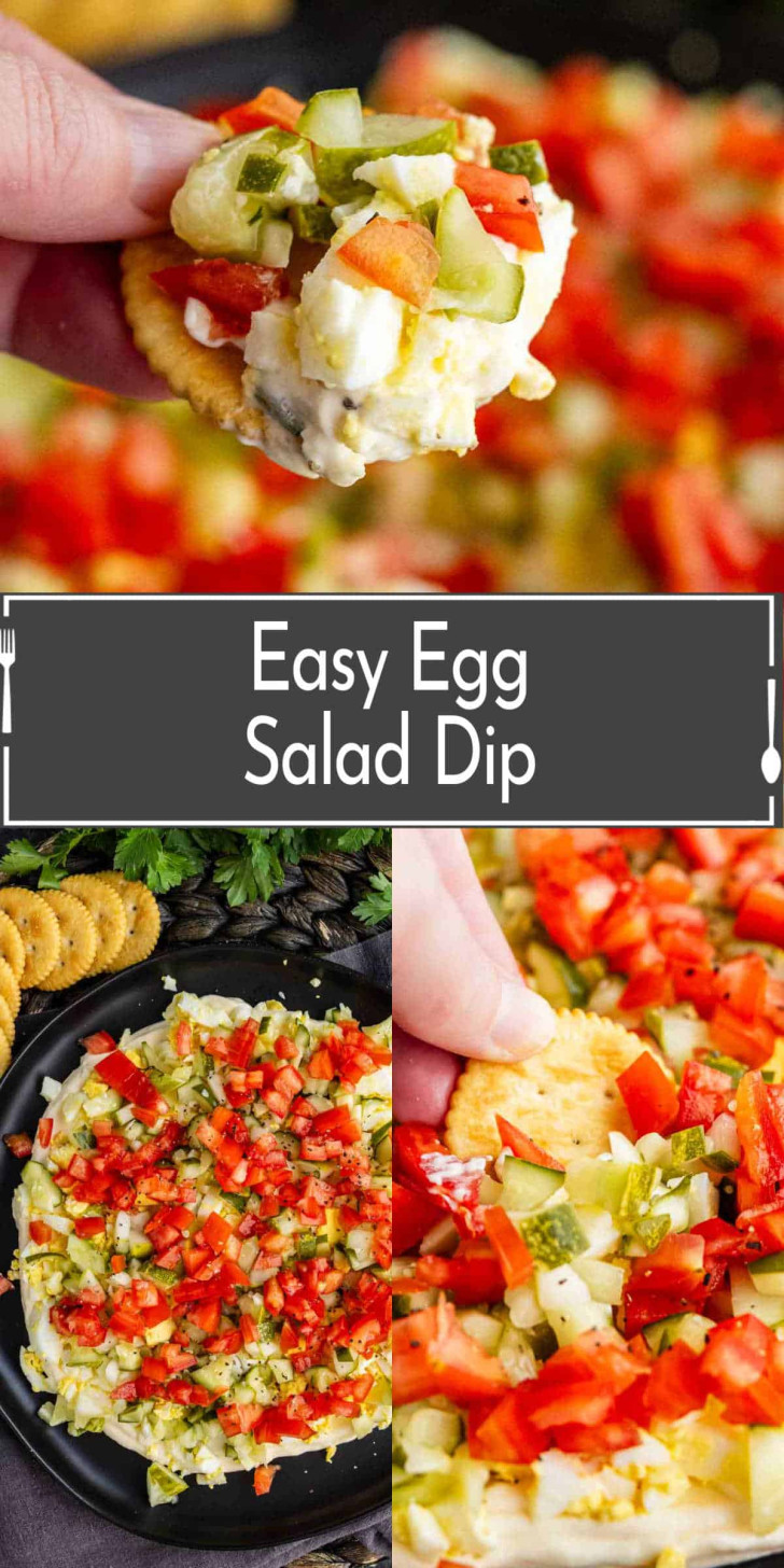 A plate of egg salad dip topped with chopped tomatoes and pickles, served with round crackers. A hand holds a cracker with dip in the top image. Text reads "Easy Egg Salad Dip.