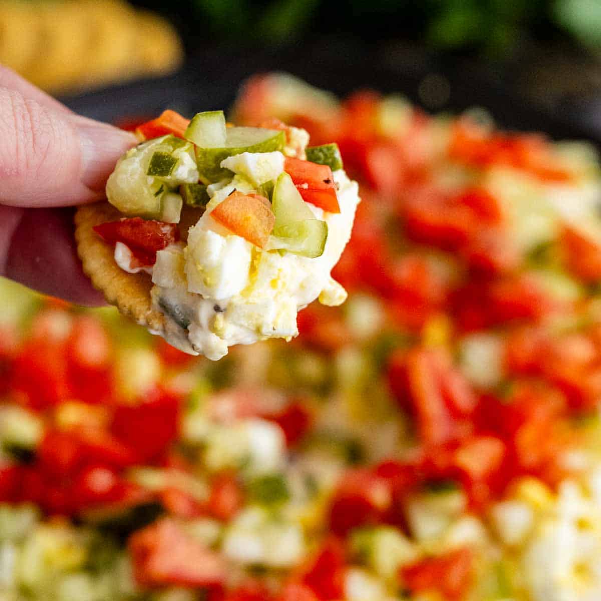A hand holds a cracker topped with a creamy layered egg salad dip, mixed with chopped tomatoes, cucumbers, and other vegetables.