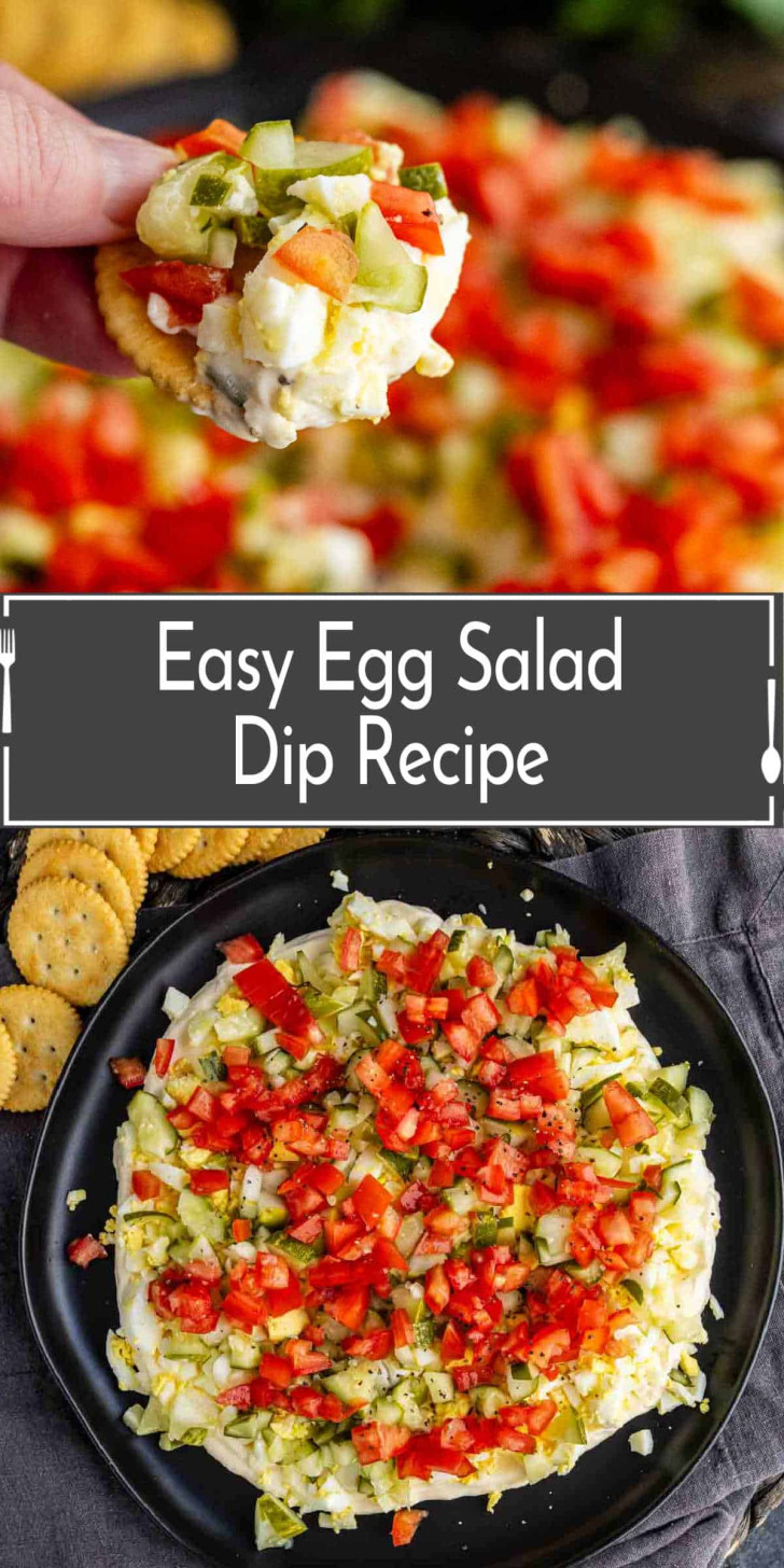 A plate of egg salad dip topped with chopped tomatoes and pickles, served with round crackers; a hand holds a cracker with dip. Text overlay reads “Easy Egg Salad Dip Recipe.”.