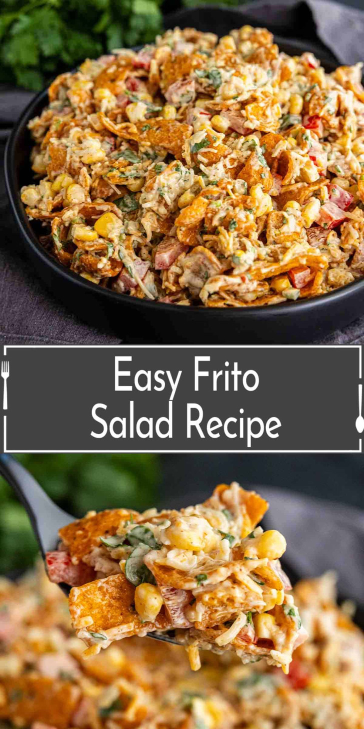 A bowl of Frito salad featuring corn chips, corn, cheese, diced red pepper, and herbs, with a creamy dressing, shown both close up and as a serving on a spoon.