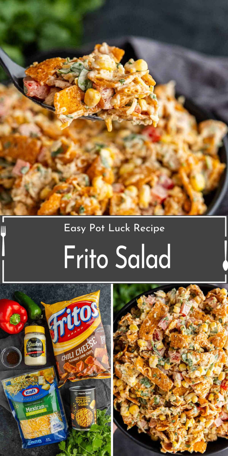 A bowl of Frito salad topped with corn, cheese, and vegetables, shown with a spoonful above and ingredients including Fritos, cheese, bell pepper, and dressing displayed nearby.