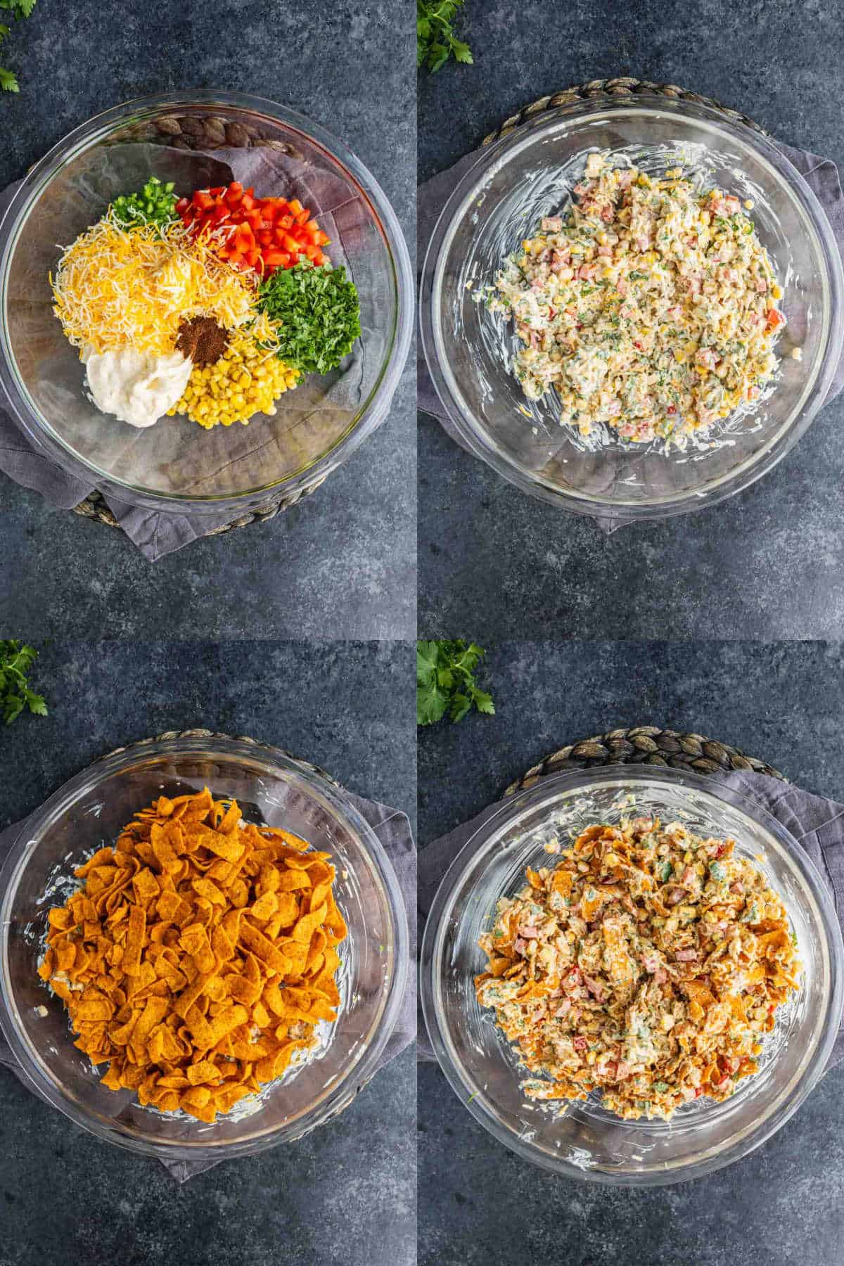 Four-panel image showing the steps of making a Chili Cheese Frito Salad: mixing ingredients in a bowl, combining them, adding corn chips, and tossing everything together.