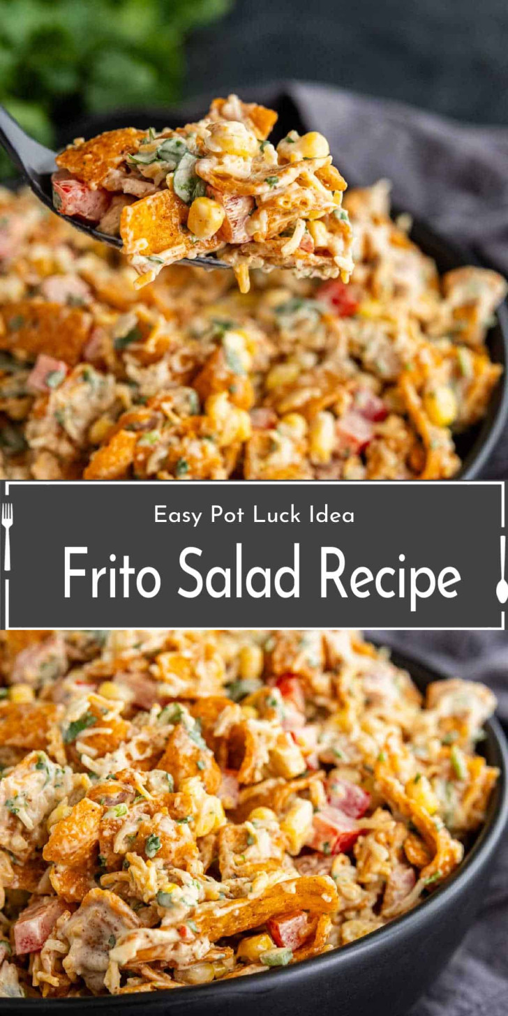 A bowl of Frito salad featuring corn chips, corn, diced vegetables, shredded cheese, and a creamy dressing, with a spoonful of salad held above the bowl.