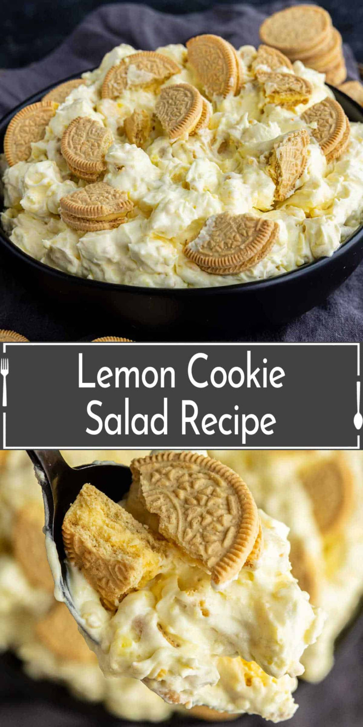 A bowl of creamy salad topped with whole lemon sandwich cookies, with a close-up of a spoonful of the dessert and text reading "Lemon Cookie Salad Recipe.