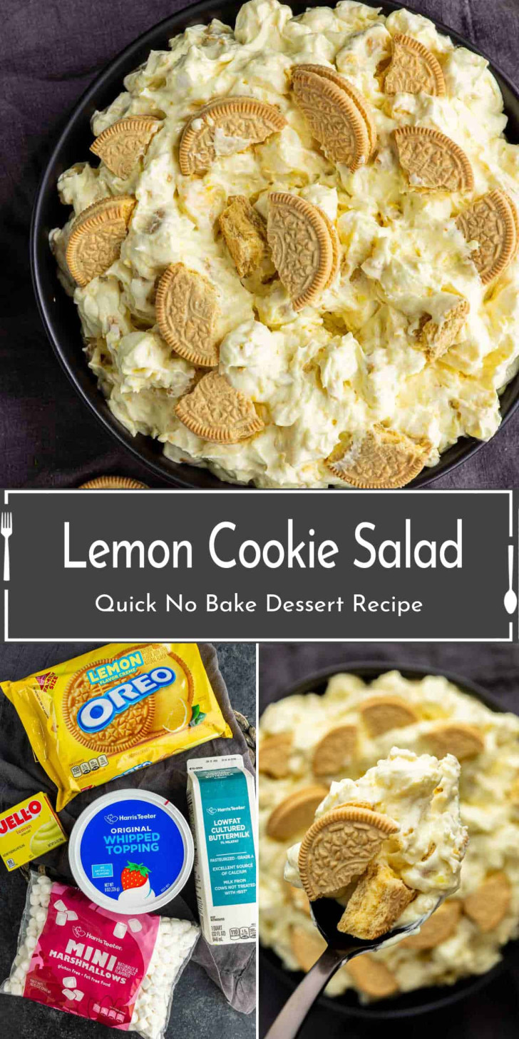 Bowl of lemon cookie salad topped with golden sandwich cookies, shown with ingredients including pudding mix, whipped topping, milk, mini marshmallows, and cookies.