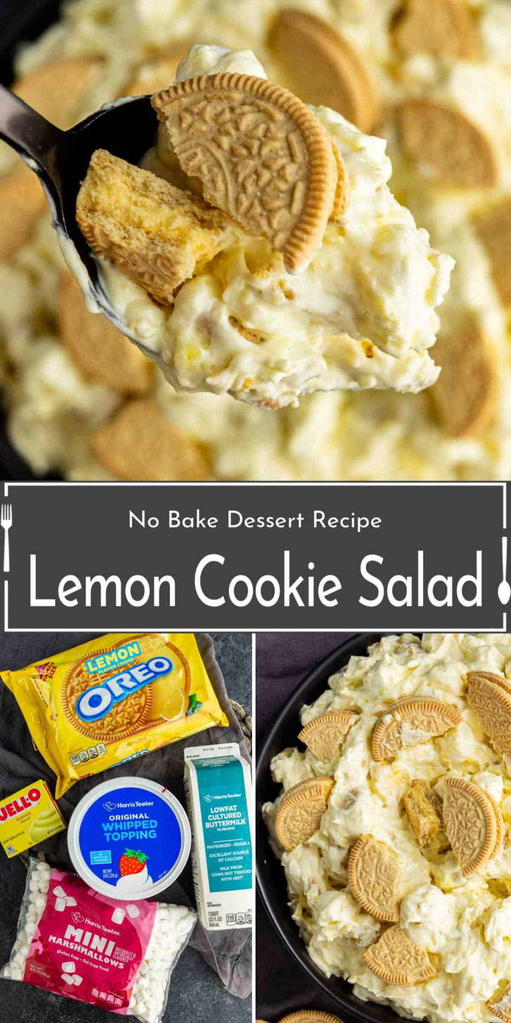 A bowl of lemon cookie salad topped with golden Oreos, shown with a spoonful and surrounded by ingredients: lemon Jell-O, Golden Oreos, whipped topping, marshmallows, and milk.