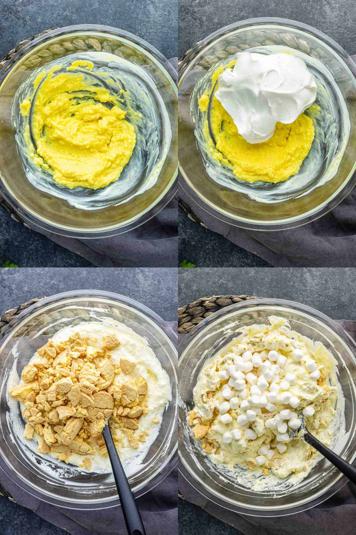 Four-step collage showing a glass bowl with yellow pudding mixture, whipped topping added, crushed cookies mixed in, and mini marshmallows on top—all the steps to make a classic lemon dessert salad with a black spatula.