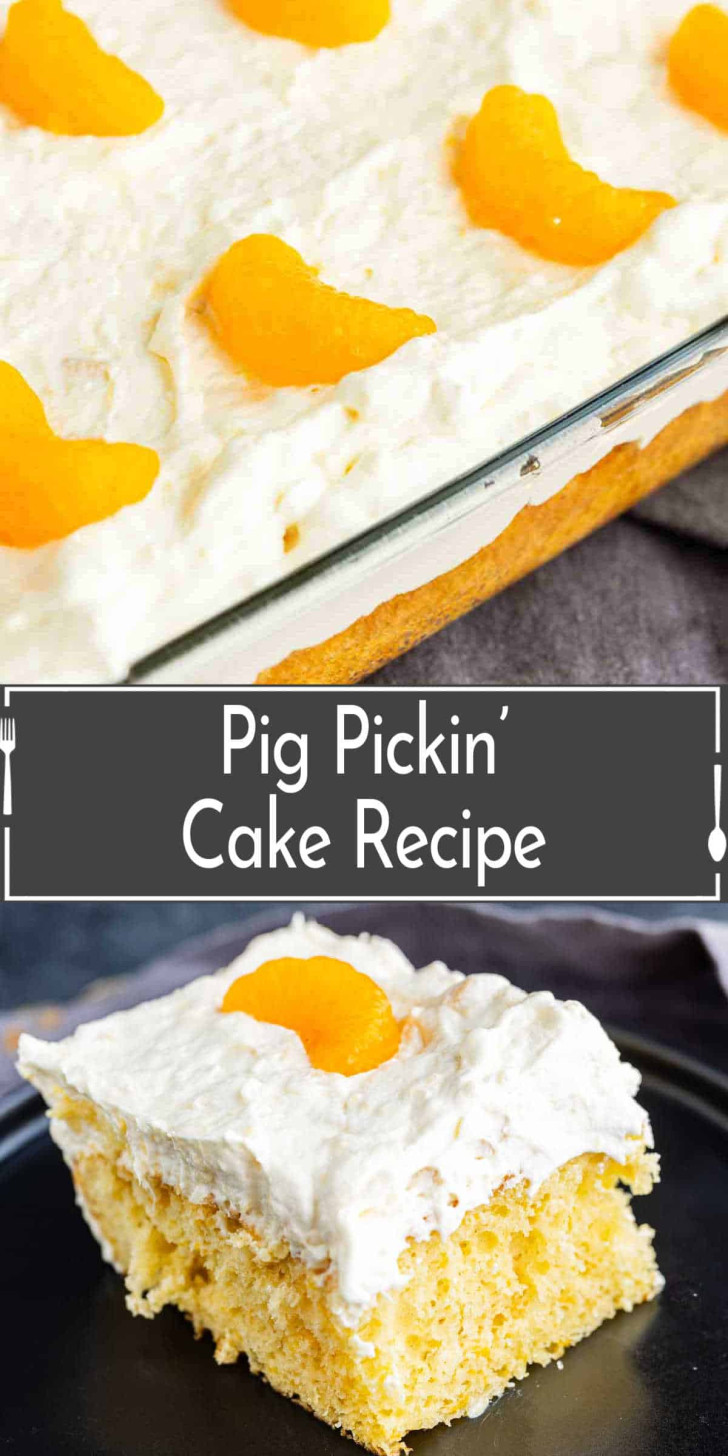 A slice of yellow cake topped with whipped frosting and a mandarin orange segment, with the whole cake shown in a glass baking dish above.