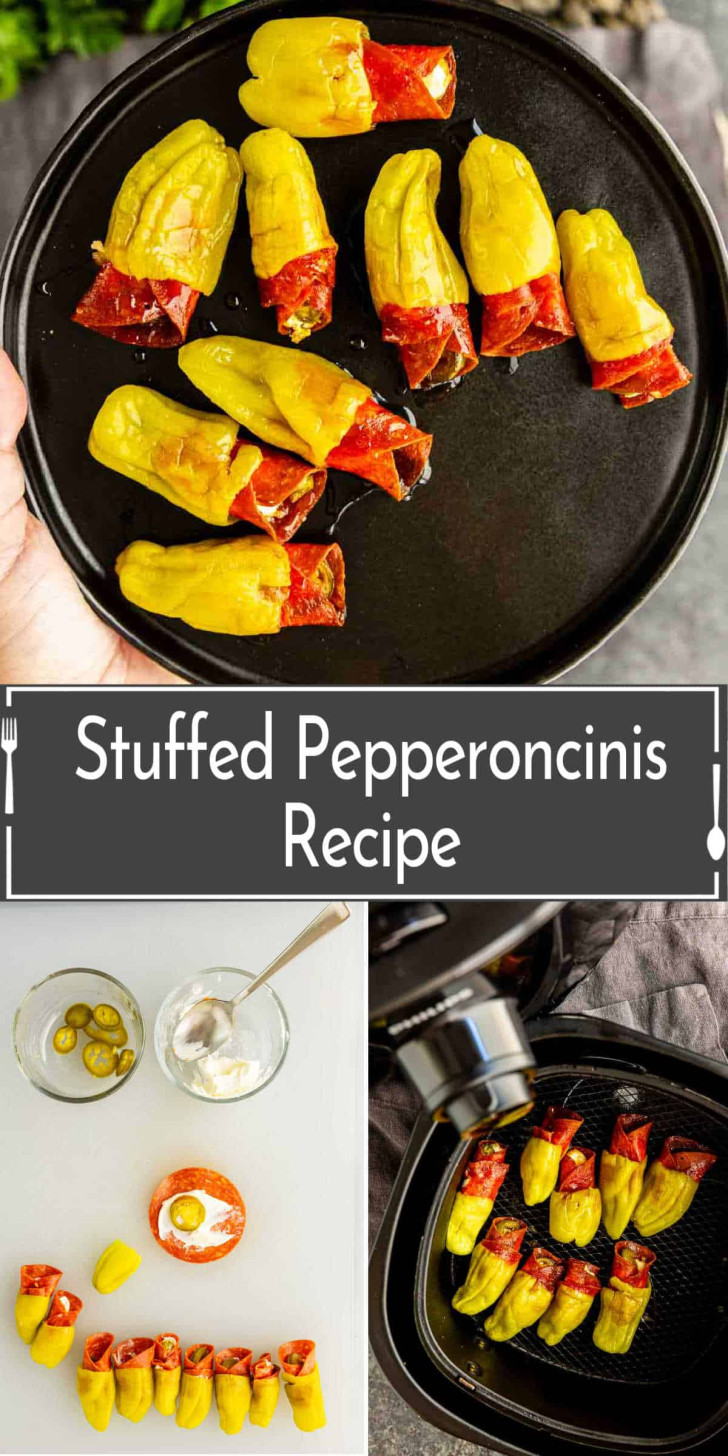 Stuffed pepperoncinis arranged on a black plate, with process images showing ingredients, preparation, and air fryer cooking. Text overlay reads "Stuffed Pepperoncinis Recipe.