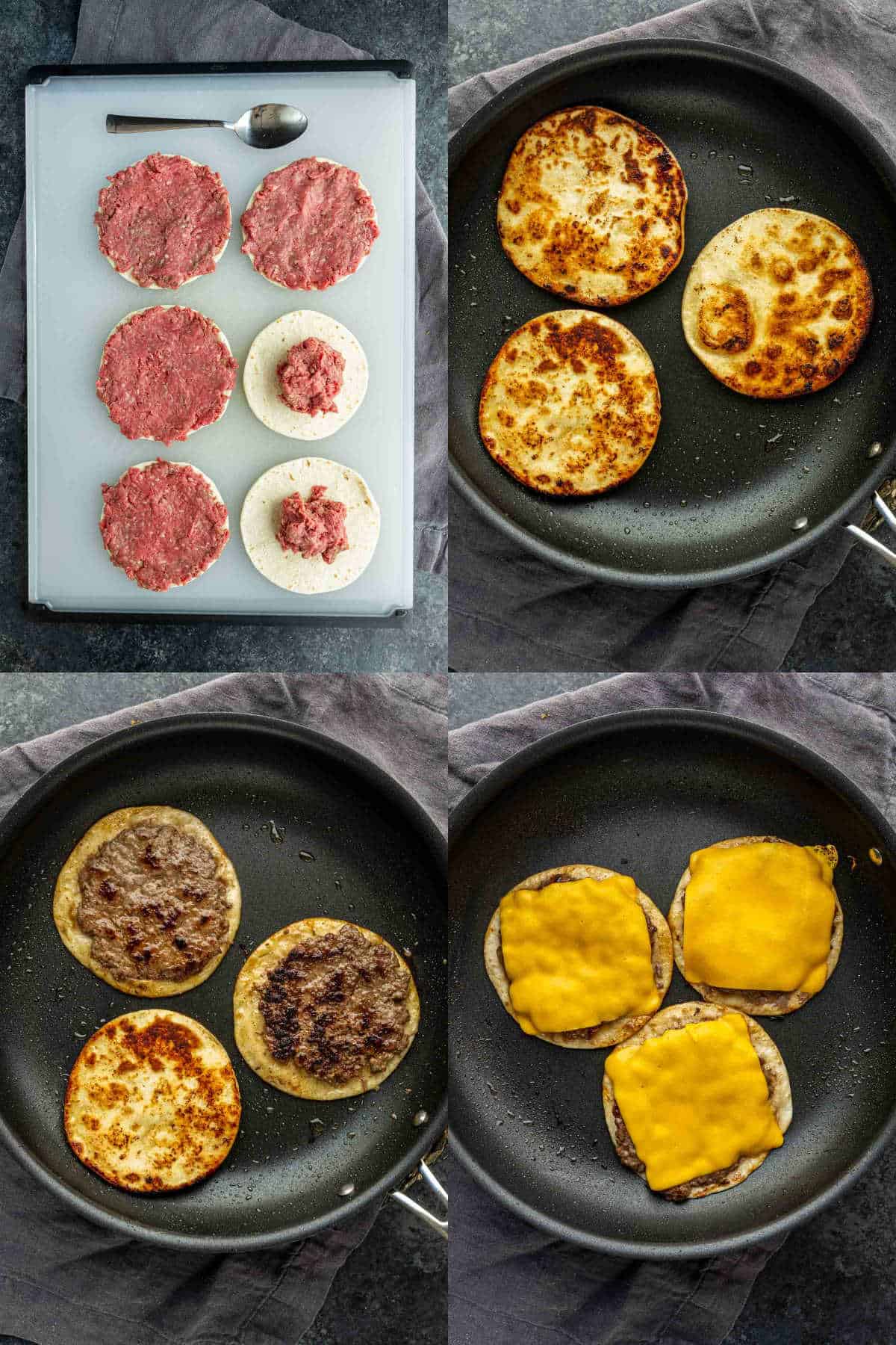 Four-step process: raw hamburger patties on a board, then toasted buns in a pan, cooked patties with buns, and finally, patties topped with melted cheddar cheese—an easy weeknight dinner inspired by the viral Big Mac smashed tacos trend.