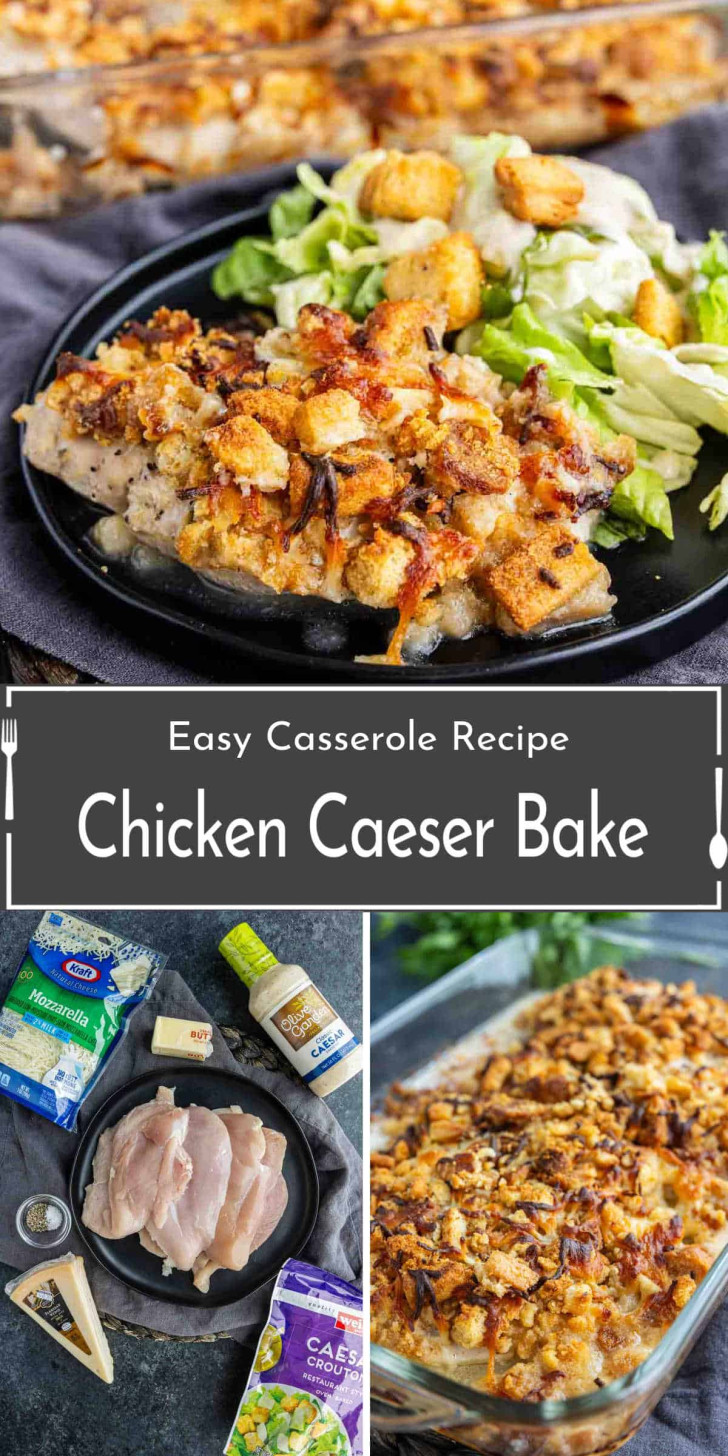 Plate of chicken Caesar casserole with salad, casserole in baking dish, and ingredients including chicken, cheese, croutons, dressing, and seasoning shown on a counter.