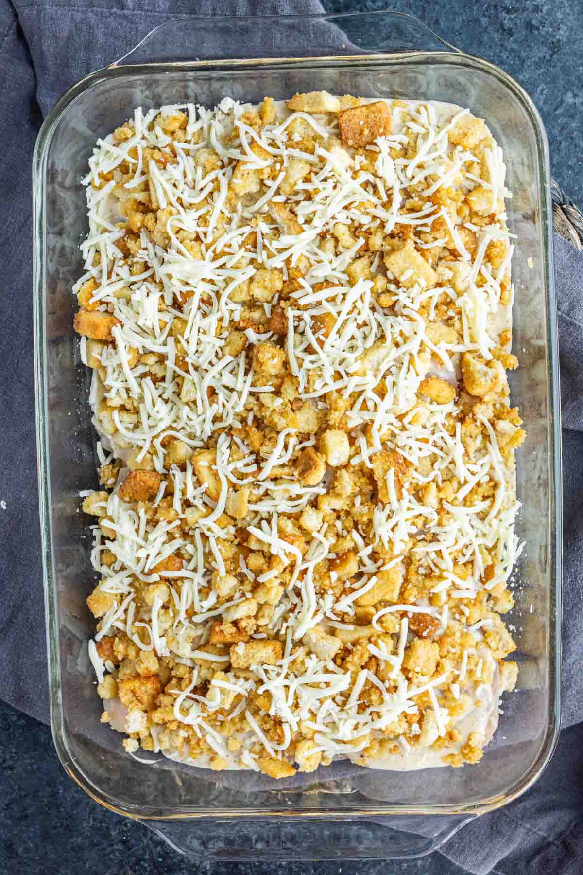 Mozzarella cheese layered over Caesar chicken
