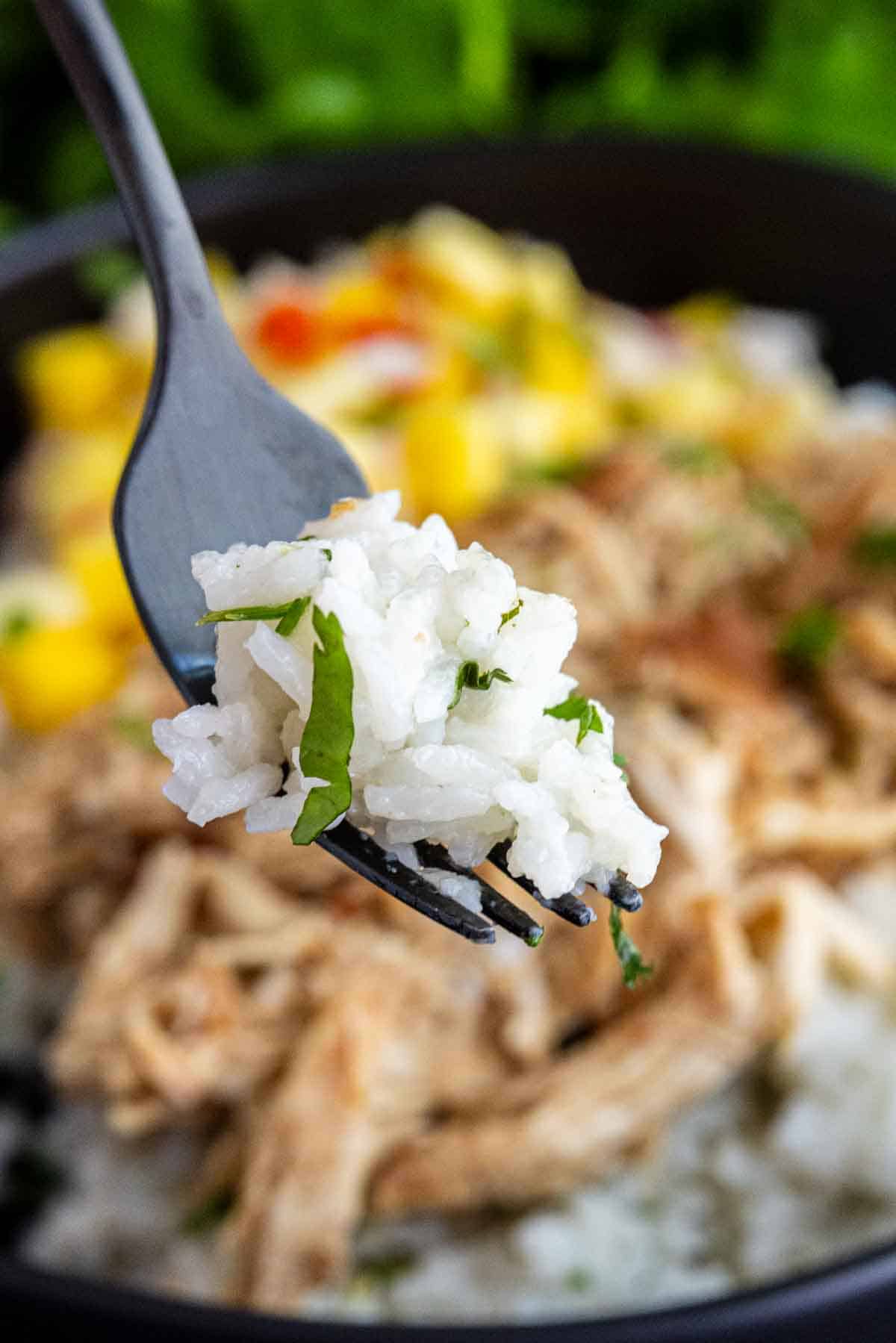 A close-up of a fork holding easy coconut lime rice garnished with chopped herbs, with shredded meat and diced vegetables blurred in the background.