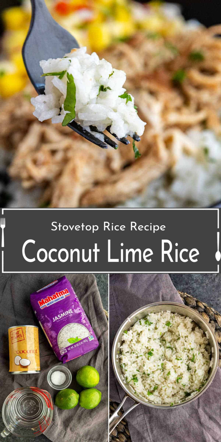 A fork holds a bite of coconut lime rice above shredded meat; below are ingredients—coconut milk, jasmine rice, limes—and a bowl of the finished rice on a woven tray.