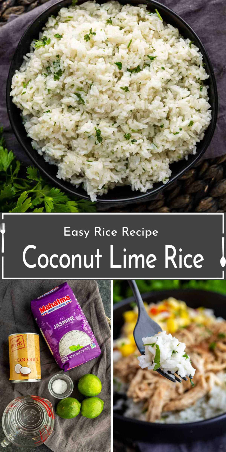 A bowl of coconut lime rice garnished with herbs, ingredients for the recipe including jasmine rice, coconut milk, and limes, and a forkful of the finished rice dish.