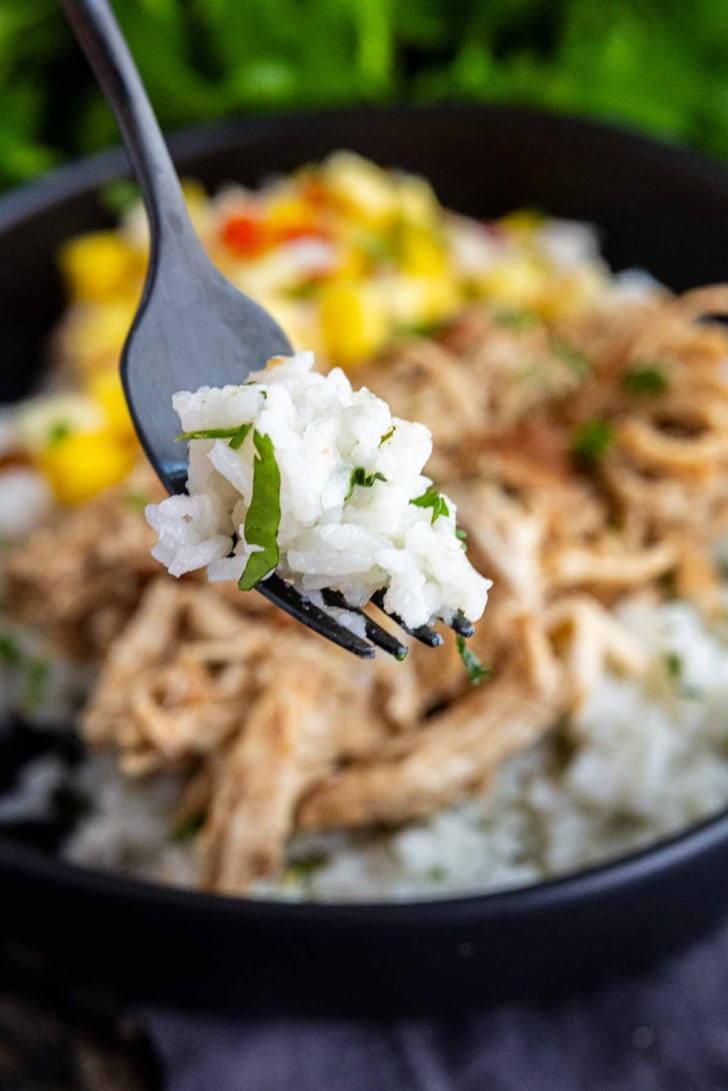 A fork holding a bite of white rice with herbs, with shredded meat, rice, and vegetables in a black bowl in the background.