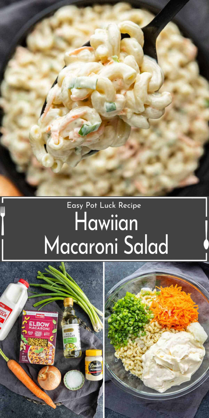 A bowl of Hawaiian macaroni salad, a spoonful being held up, and ingredients including pasta, vegetables, mayonnaise, and seasonings laid out on a counter.