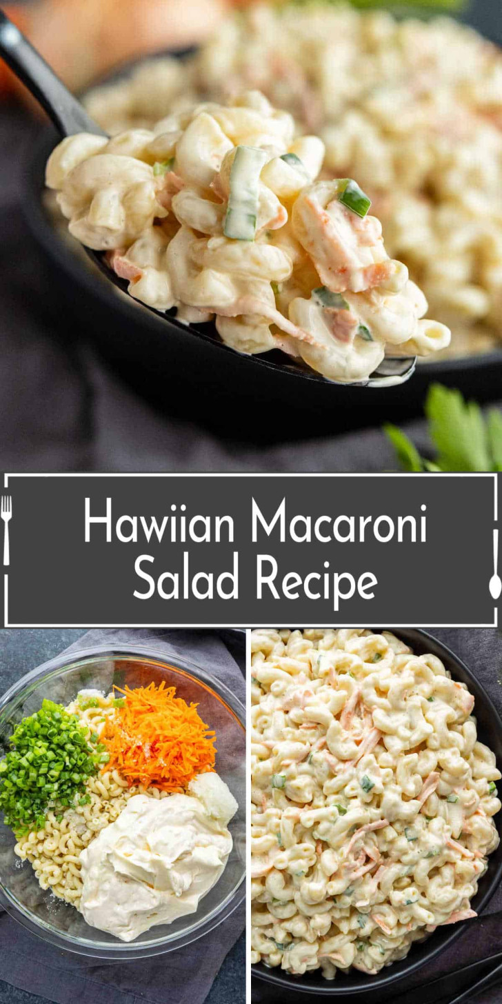 A bowl of creamy Hawaiian macaroni salad with carrots, green onions, and mayonnaise, shown with ingredients and the finished dish.