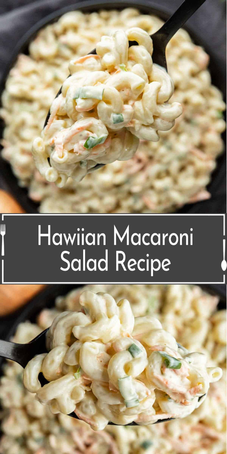 Close-up of a spoonful of Hawaiian macaroni salad with green onions and shredded carrots, held above a bowl filled with more of the salad. Text overlay reads "Hawaiian Macaroni Salad Recipe.
