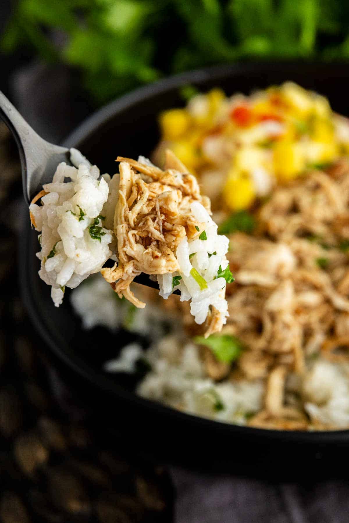 A close-up of a forkful of white rice and shredded chicken held above a bowl containing rice, shredded chicken, and a vegetable mix.