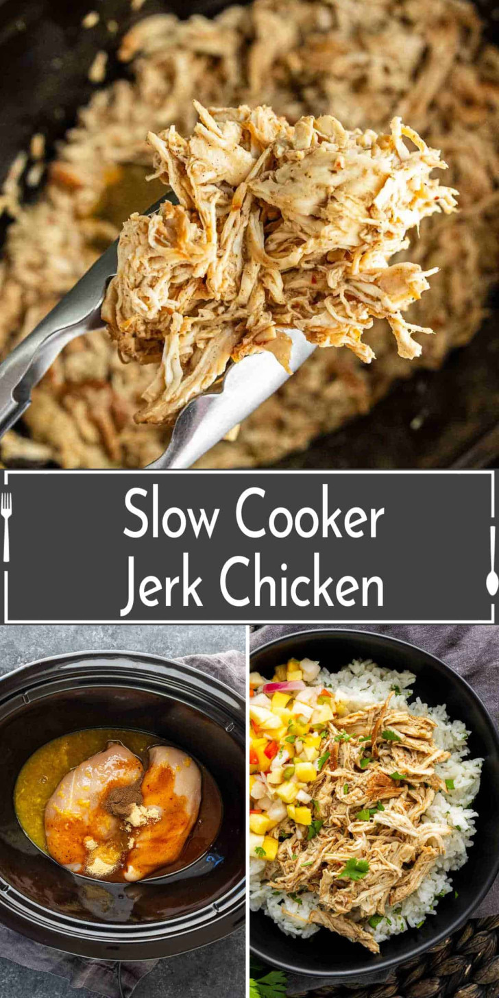 Shredded jerk chicken in a slow cooker, chicken on tongs, and served over rice with salsa. Text reads: "Slow Cooker Jerk Chicken.