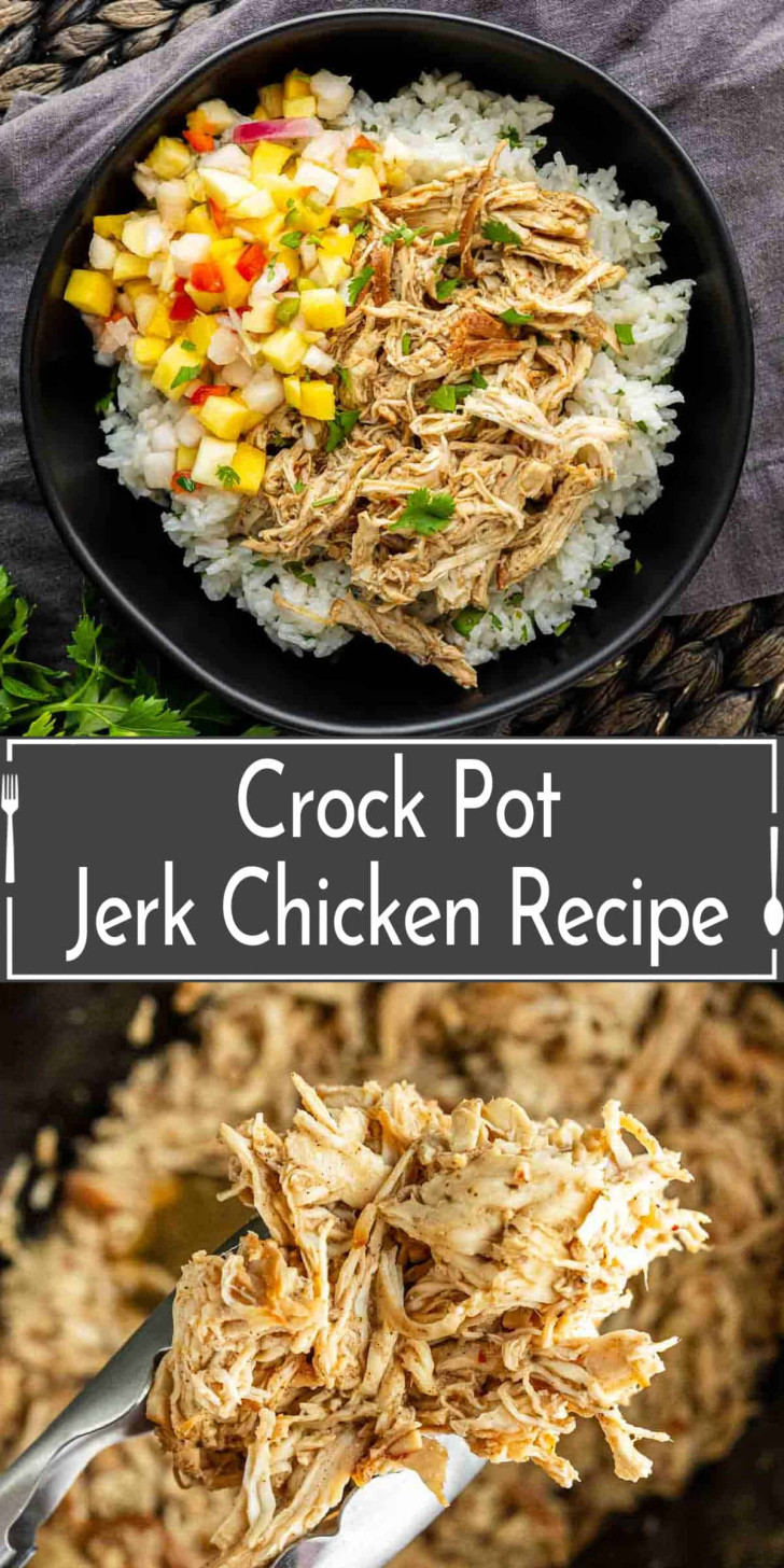 A black bowl with shredded jerk chicken over rice, topped with diced vegetables. Text overlay reads “Crock Pot Jerk Chicken Recipe.” Close-up of shredded chicken held by tongs below.