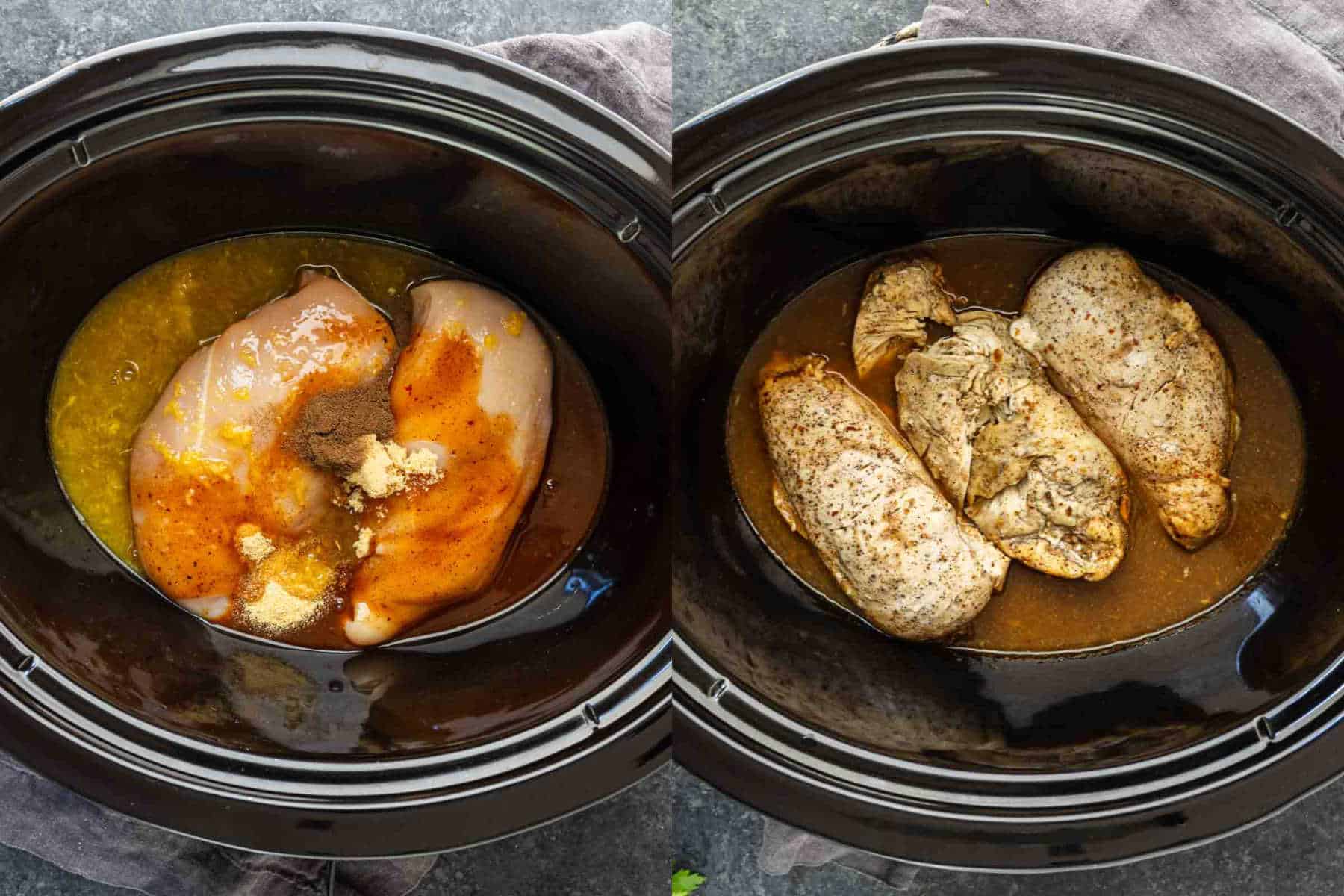 Two photos of a slow cooker: left shows raw chicken breasts with spices and sauce; right shows the same chicken cooked in the liquid.