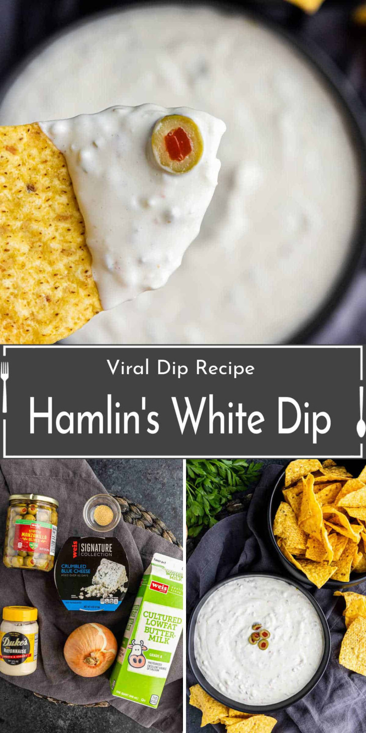 Tortilla chip with white dip garnished with a green olive above a bowl of dip; ingredients and a serving suggestion with chips surround the main image.