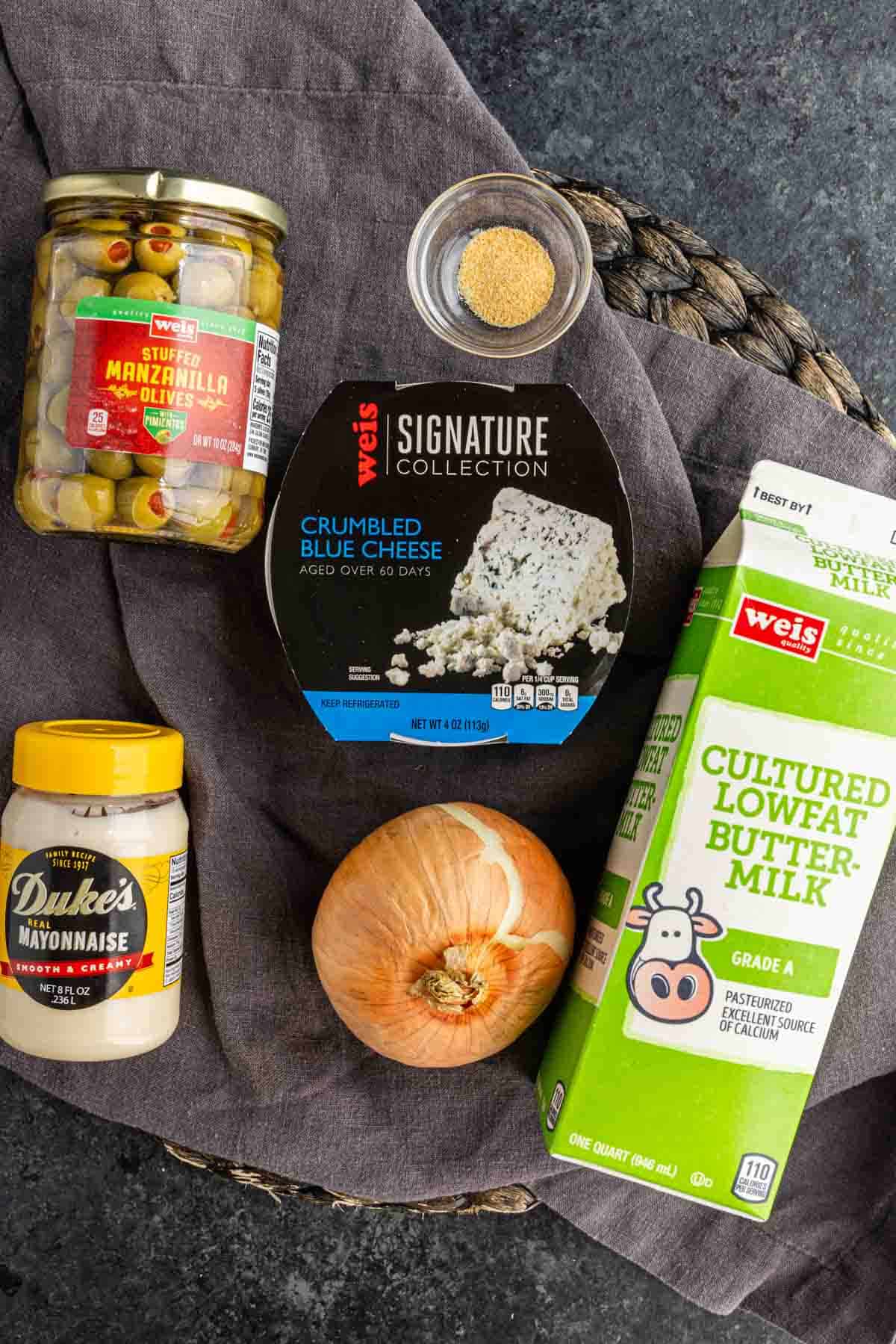 Ingredients for Hamlin’s White Dip including mayonnaise, green olives, onion, blue cheese, garlic powder, and buttermilk