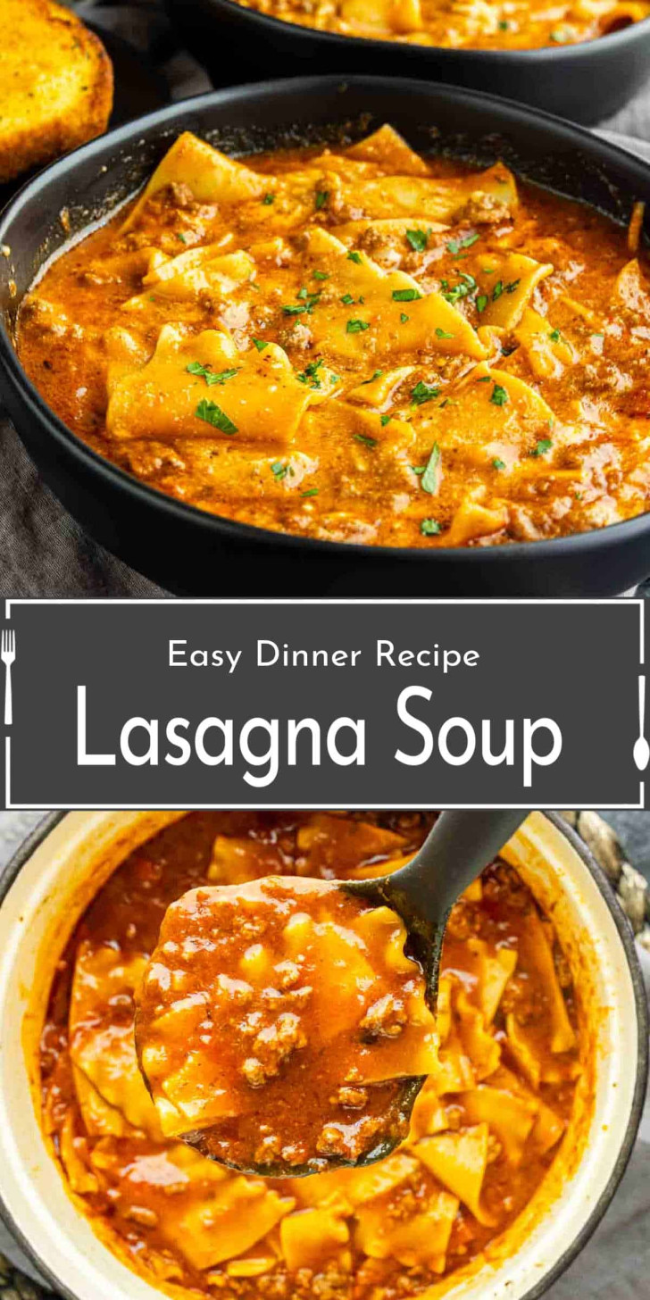 Two bowls of lasagna soup with noodles, ground meat, and sauce, garnished with parsley. Text overlay reads “Easy Dinner Recipe Lasagna Soup.”.