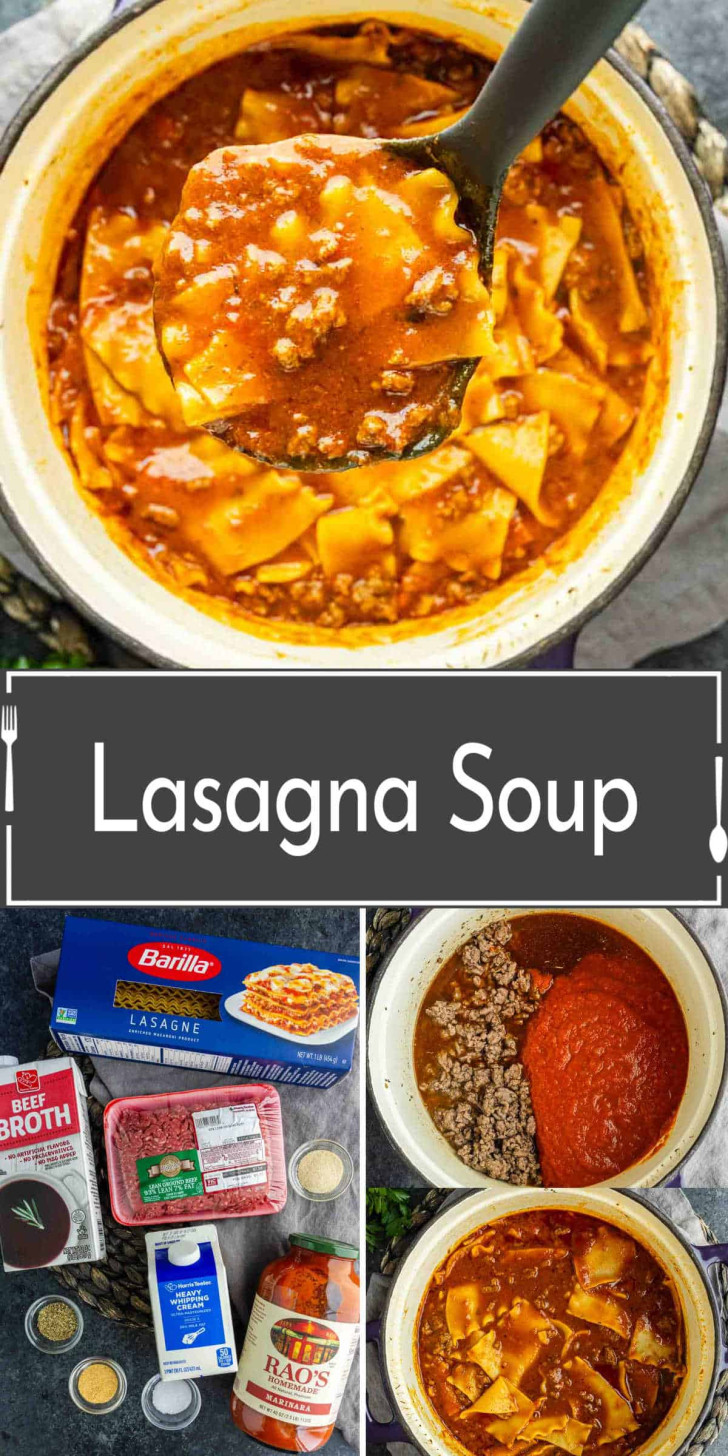 Top: Pot of lasagna soup with noodles and meat. Bottom left: Ingredients laid out. Bottom right: Soup being prepared in pot. Center: Text reads “Lasagna Soup.”.
