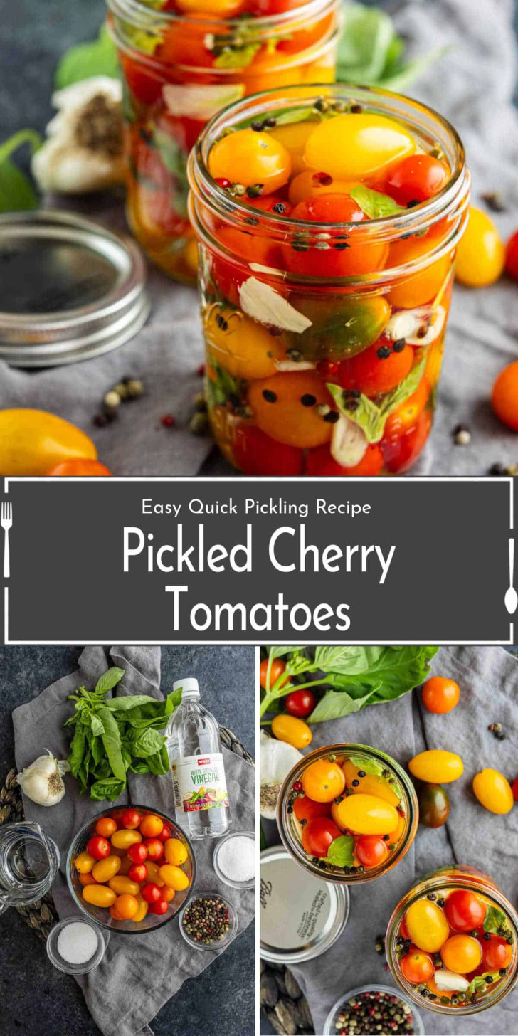 Glass jars filled with colorful pickled cherry tomatoes, herbs, and spices, surrounded by fresh ingredients and a bottle of vinegar on a gray surface.