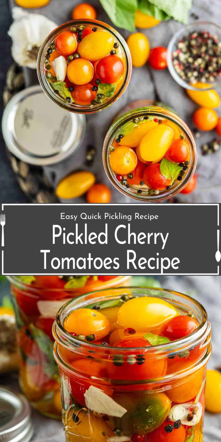 Jars filled with pickled cherry tomatoes, garlic, herbs, and peppercorns sit on a table beside loose tomatoes, peppercorns, and jar lids.