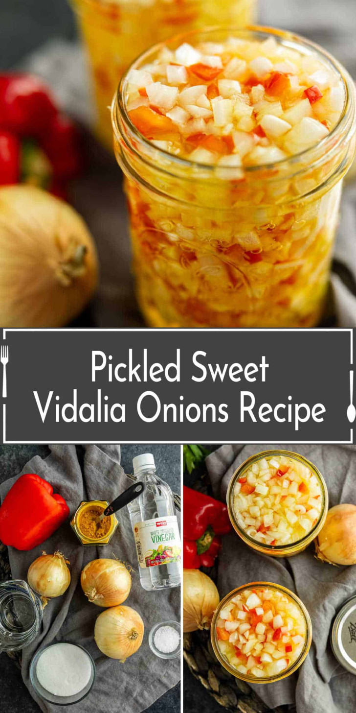 Two jars of diced pickled sweet Vidalia onions, fresh onions, red pepper, vinegar, and spices arranged on a table. Text reads: “Pickled Sweet Vidalia Onions Recipe.”.