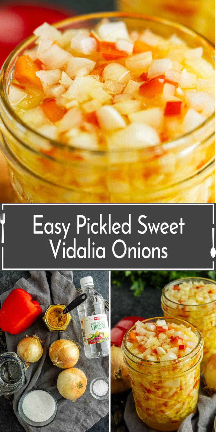 Chopped sweet Vidalia onions and red peppers in vinegar brine in a jar, with ingredients and a labeled recipe title.