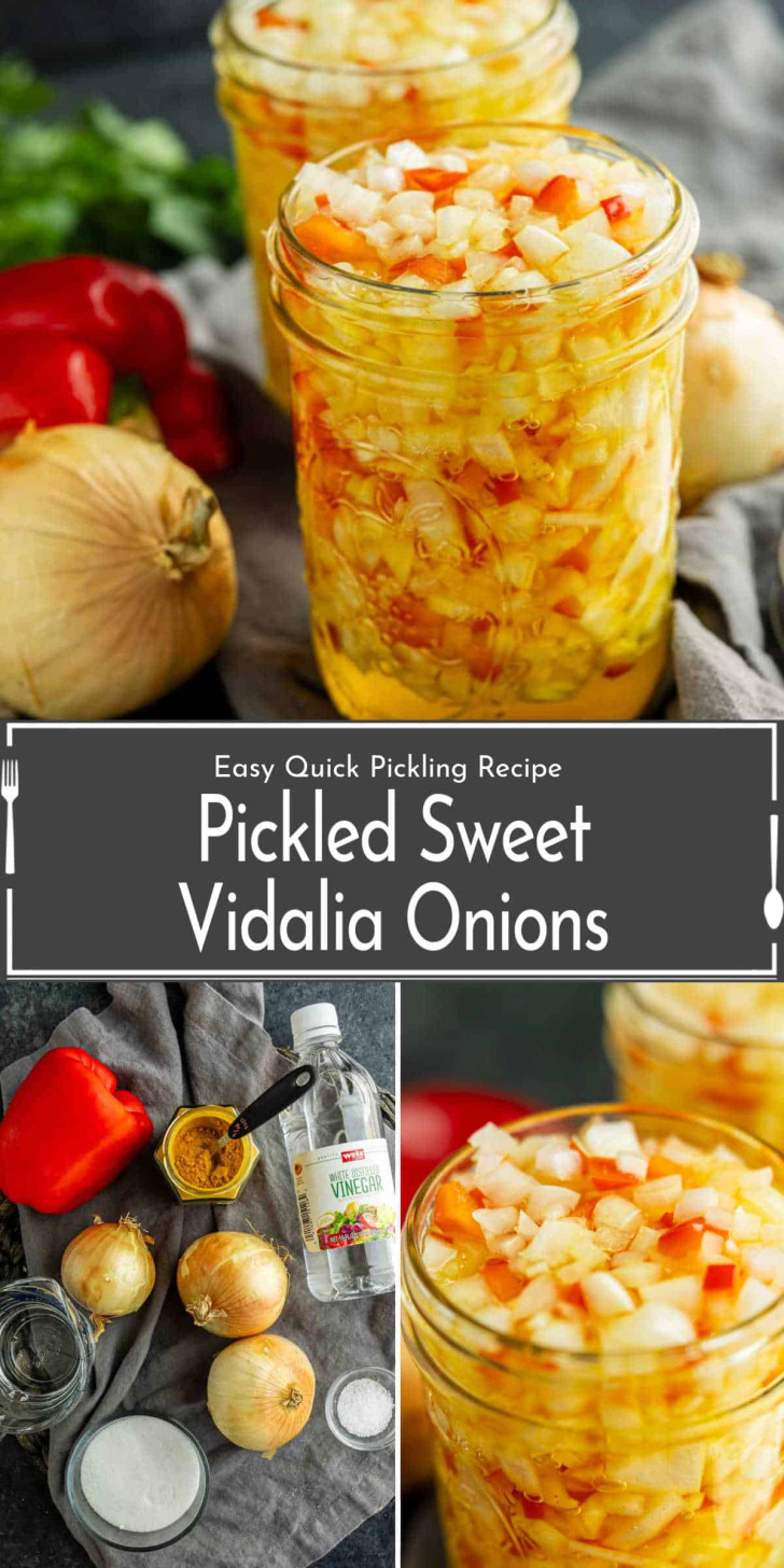 Two jars filled with diced pickled sweet Vidalia onions, surrounded by fresh onions, red pepper, vinegar, and seasonings on a dark surface. Recipe text is also visible in the image.