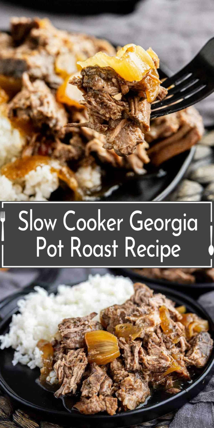 Plate of shredded beef pot roast with onions served over white rice, accompanied by a fork holding a bite. Text overlay reads “Slow Cooker Georgia Pot Roast Recipe.”.