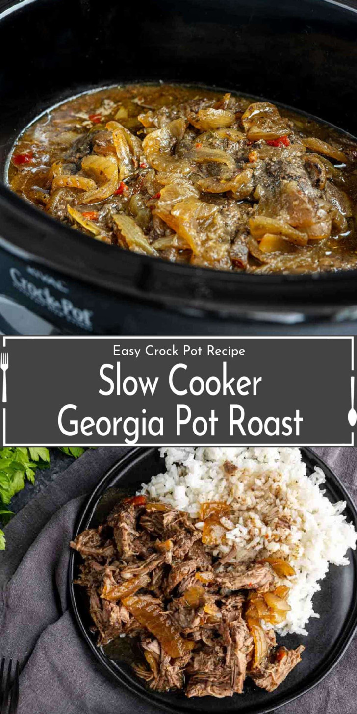 Beef pot roast with onions and sauce in a slow cooker, and a serving of shredded pot roast with rice on a black plate.