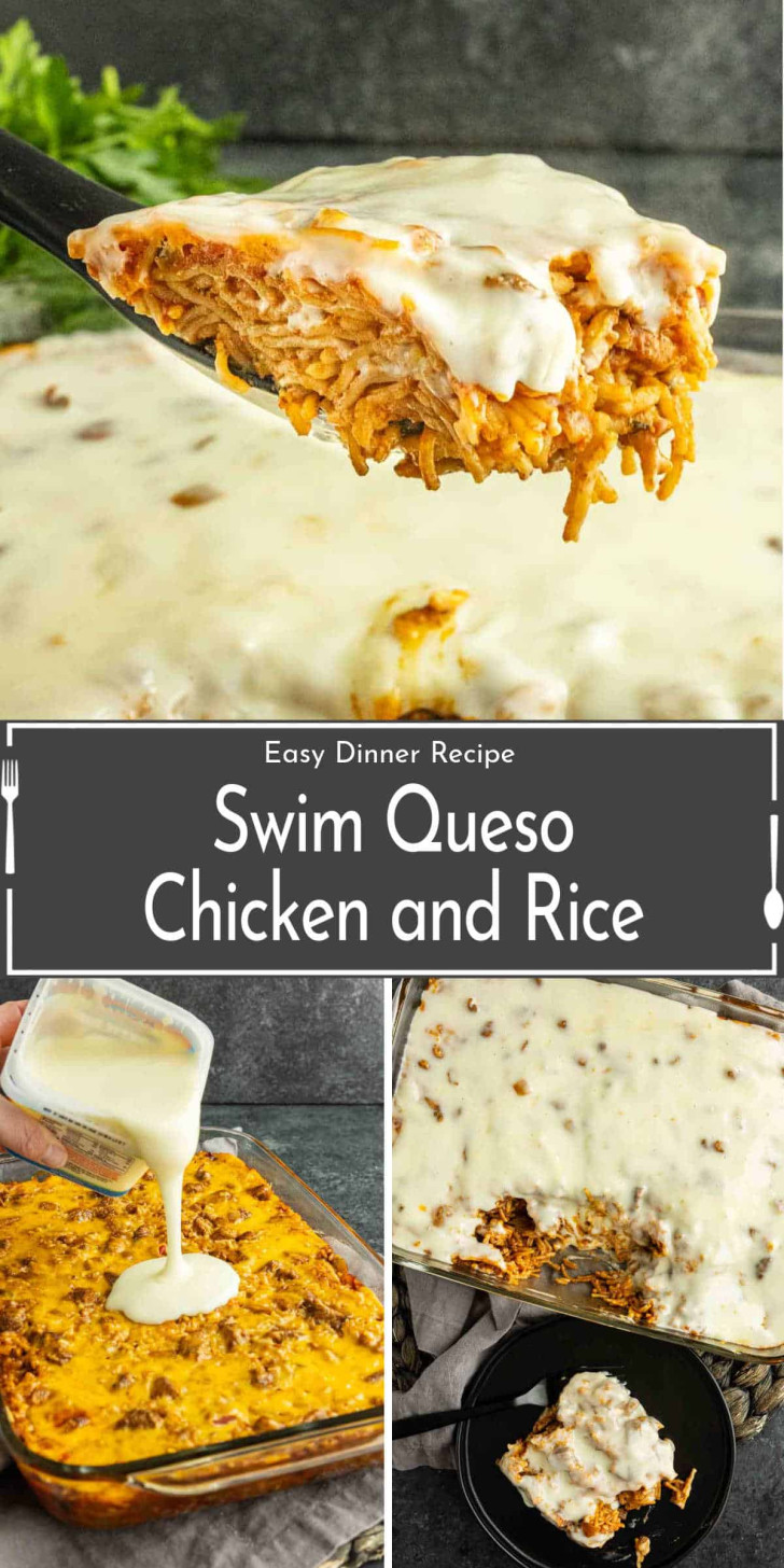 Casserole dish with chicken, rice, and shredded cheese topped with white queso sauce; a slice is being served onto a spatula.